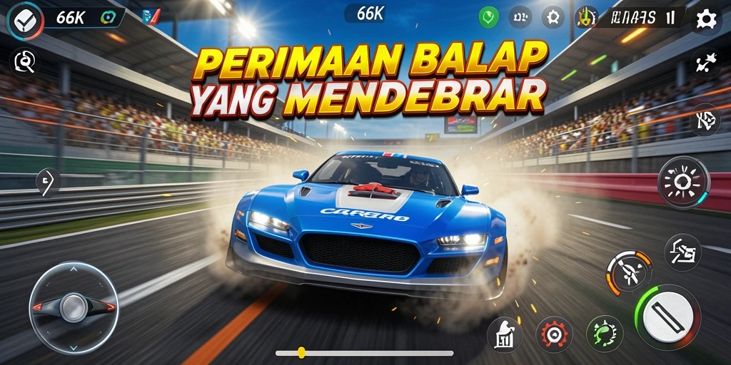 Screenshot utama 66K menampilkan aksi balap yang mendebarkan di lintasan.