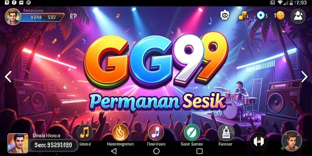 Tampilan gameplay GG99 yang penuh warna dengan notasi musik menari.