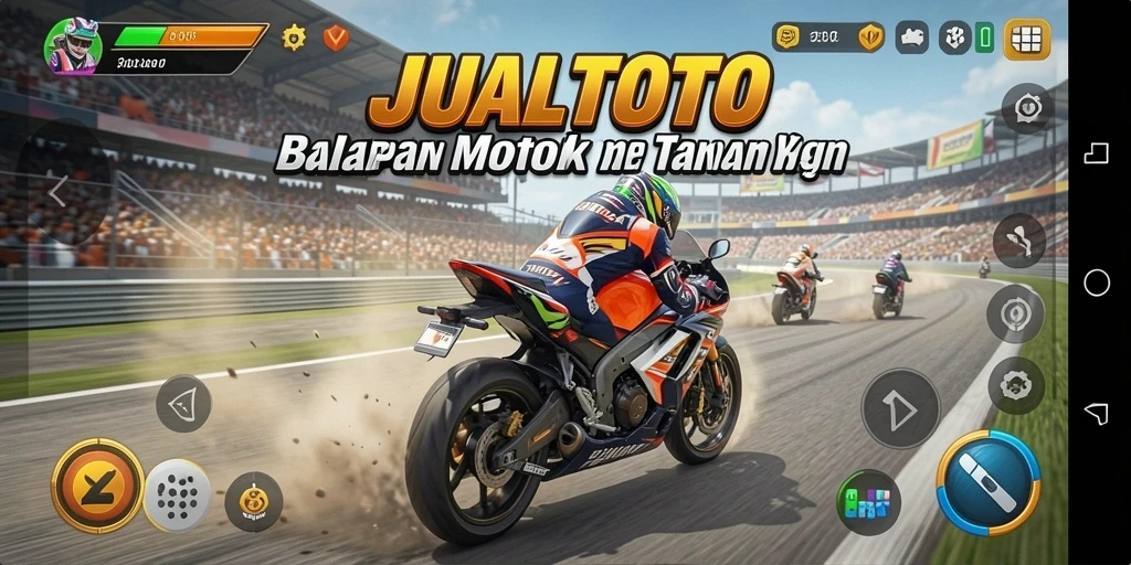 Screenshot gameplay JUALTOTO menampilkan aksi balapan motor yang mendebarkan.