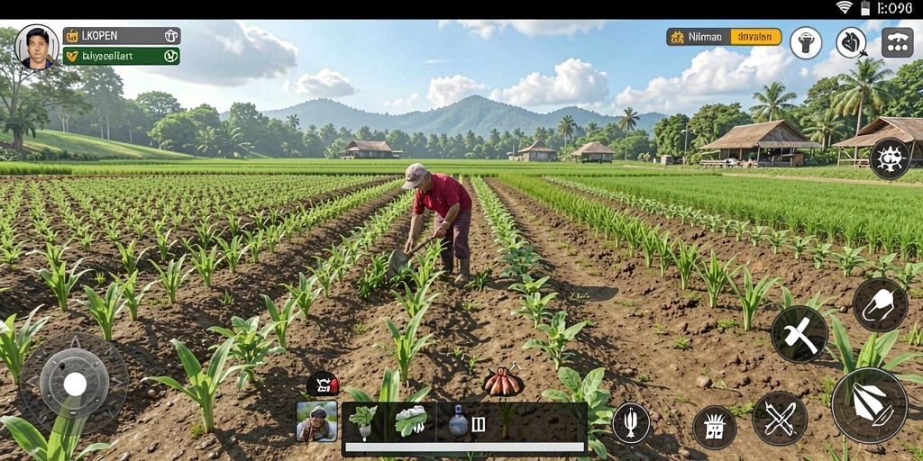 Screenshot gameplay LKOPEN yang menunjukkan aktivitas bertani dengan grafik menawan.