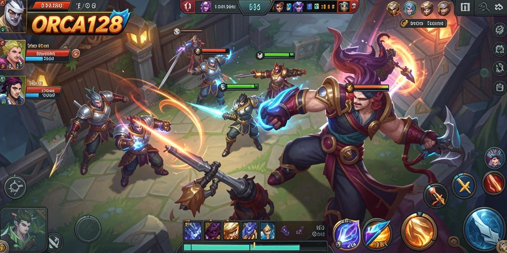 Screenshot gameplay ORCA128 menampilkan pertempuran MOBA yang seru.