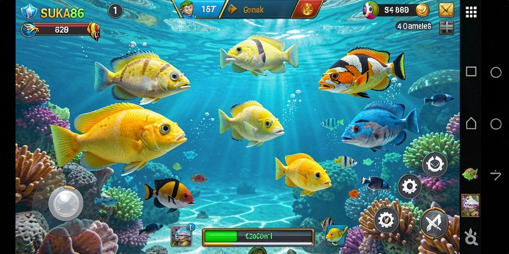 Tampilan gameplay seru dalam SUKA86 dengan aksi menembak ikan.
